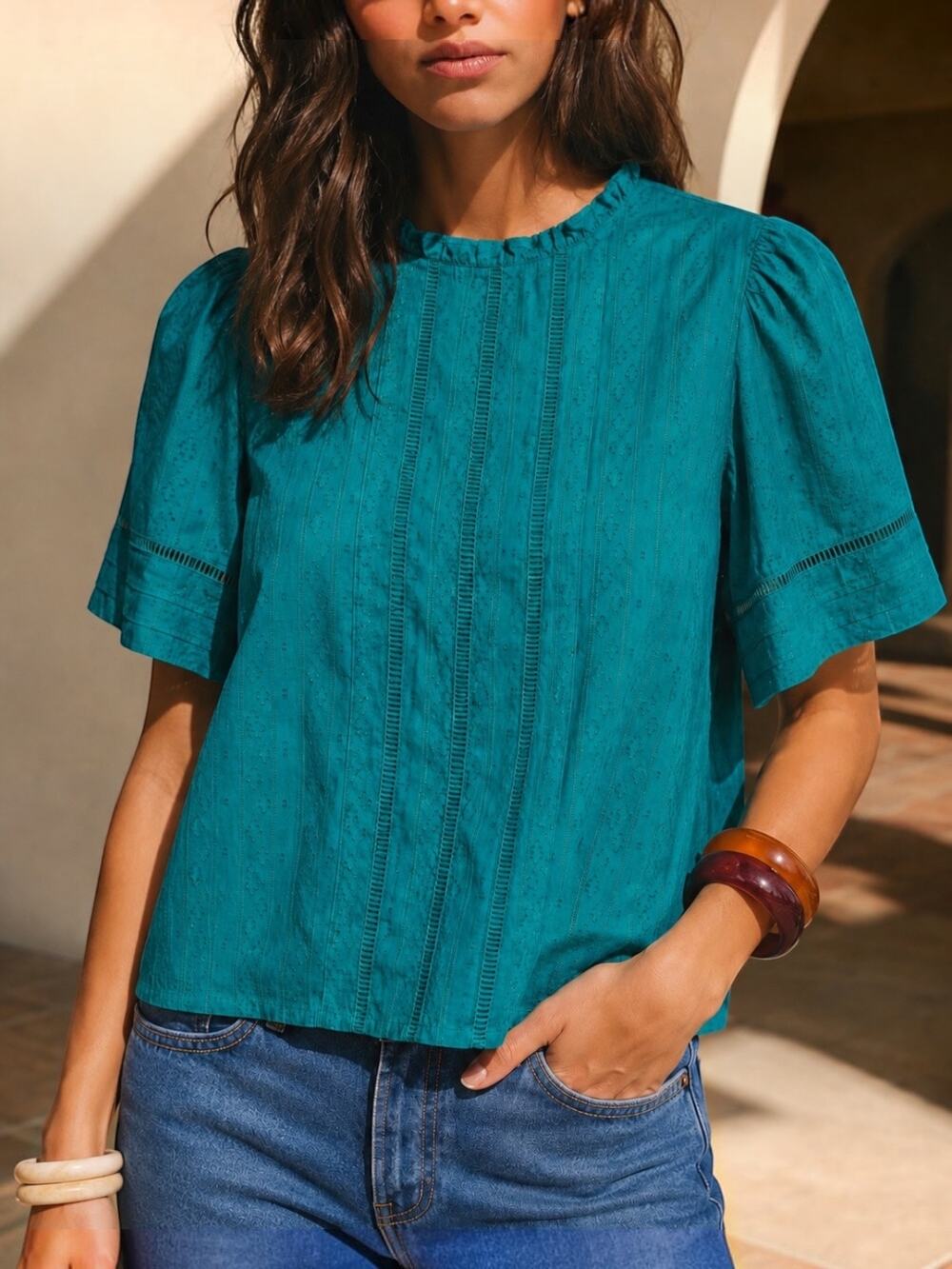 LOFT Green Eyelet Blouse XS 100% Cotton Ruffle Neck Puff Sleeve